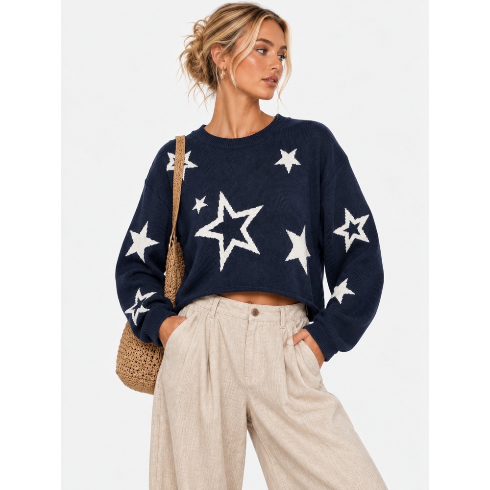 Z SUPPLY Navy Blue Star Print 100% Cotton Boho Knit Cropped Sweater S
